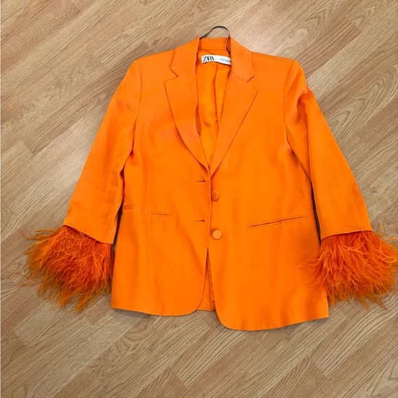 Zara Orange Satin Blazer with Feathers - Picture 7 of 8